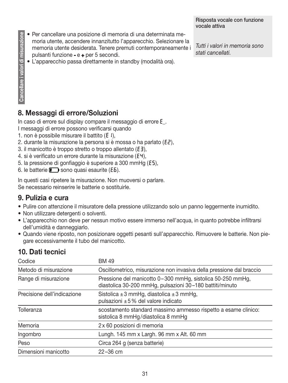 Messaggi di errore/soluzioni, Pulizia e cura, Dati tecnici | Beurer BM 49 User Manual | Page 31 / 56