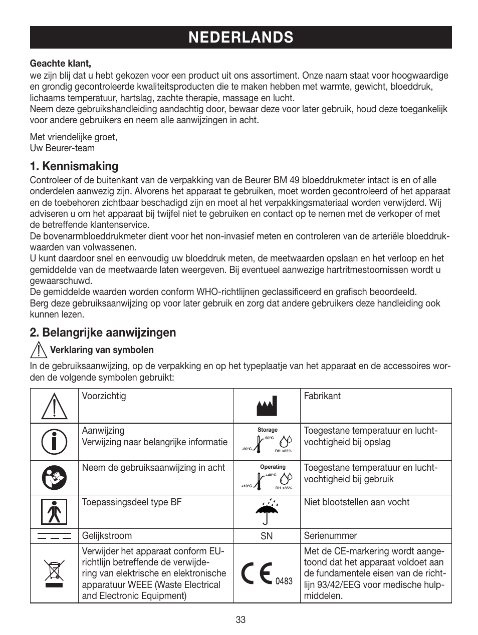 Nederlands, Kennismaking, Belangrijke aanwijzingen | Beurer BM 49 User Manual | Page 33 / 56