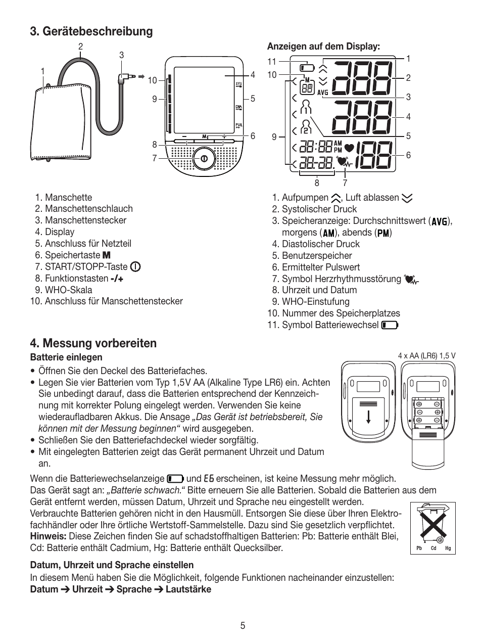 Gerätebeschreibung, Messung vorbereiten | Beurer BM 49 User Manual | Page 5 / 56