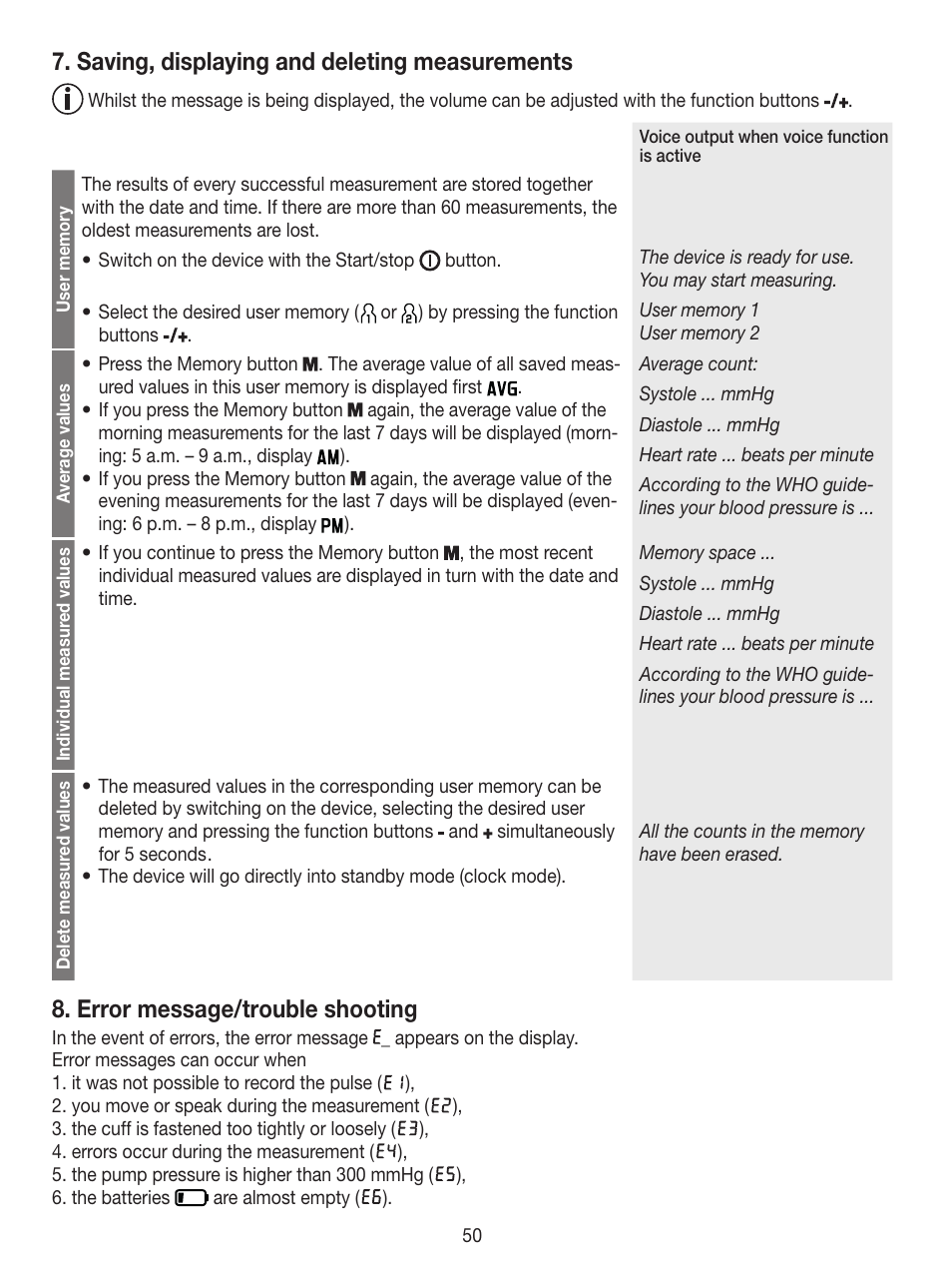 Saving, displaying and deleting measurements, Error message/trouble shooting | Beurer BM 49 User Manual | Page 50 / 56