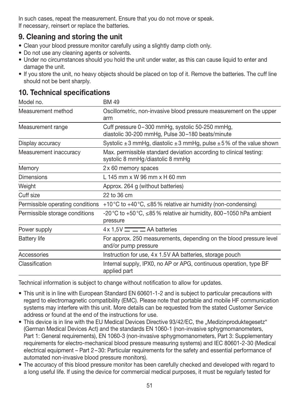 Cleaning and storing the unit, Technical specifications | Beurer BM 49 User Manual | Page 51 / 56