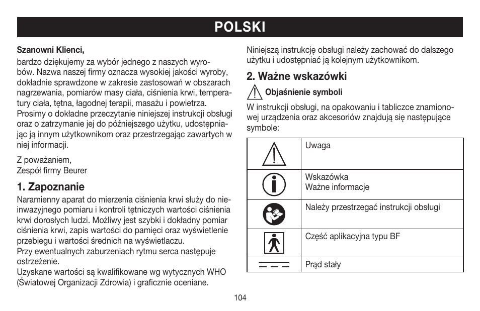 Polski, Zapoznanie, Ważne wskazówki | Beurer BM 58 User Manual | Page 104 / 124