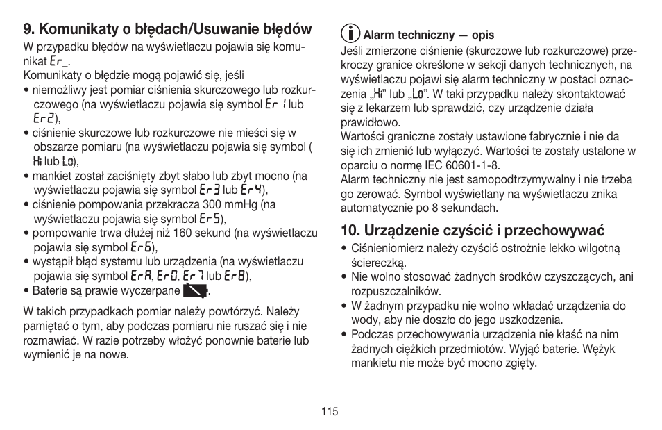 Komunikaty o błędach/usuwanie błędów, Urządzenie czyścić i przechowywać | Beurer BM 58 User Manual | Page 115 / 124