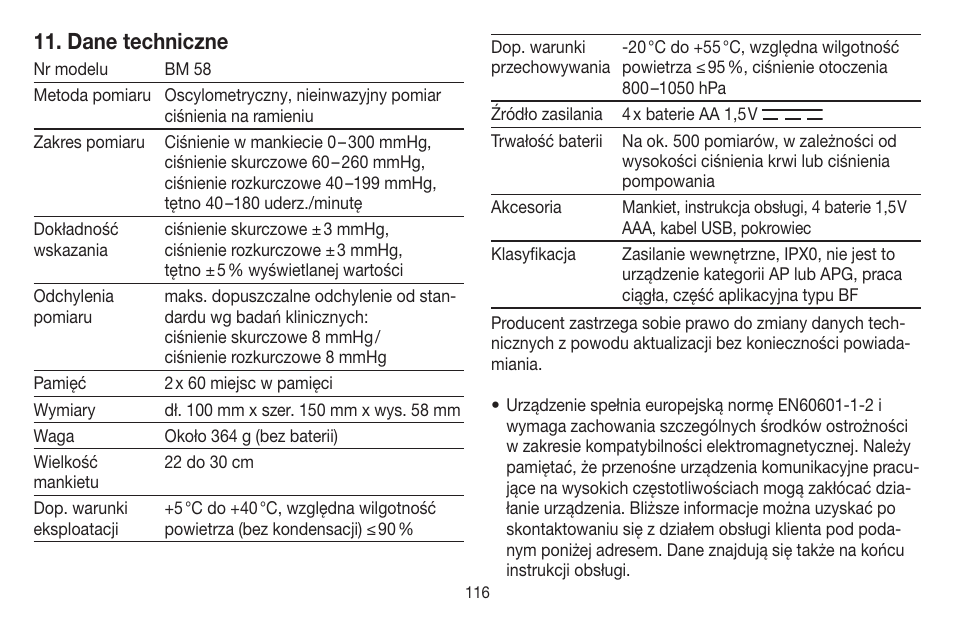 Dane techniczne | Beurer BM 58 User Manual | Page 116 / 124