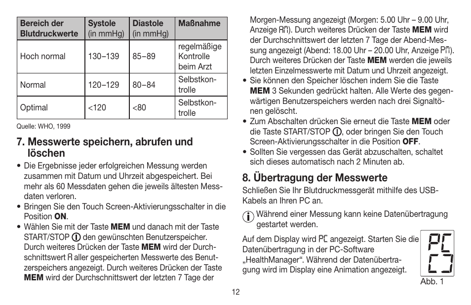 Messwerte speichern, abrufen und löschen, Übertragung der messwerte | Beurer BM 58 User Manual | Page 12 / 124