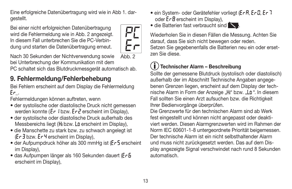 Fehlermeldung/fehlerbehebung | Beurer BM 58 User Manual | Page 13 / 124