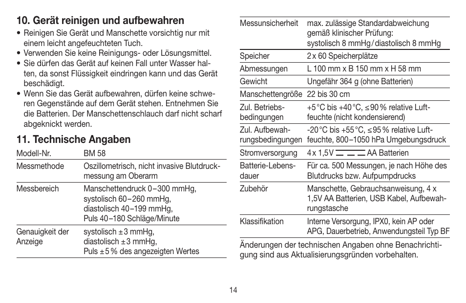 Gerät reinigen und aufbewahren, Technische angaben | Beurer BM 58 User Manual | Page 14 / 124