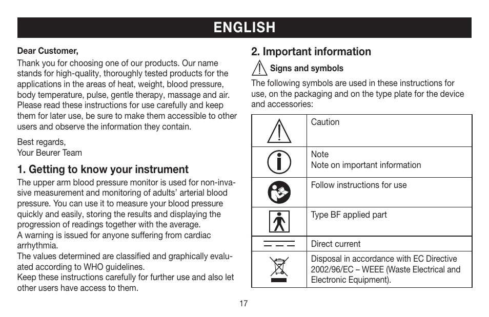 English, Getting to know your instrument, Important information | Beurer BM 58 User Manual | Page 17 / 124