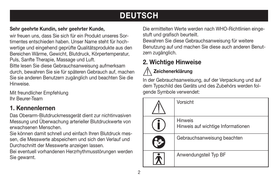 Deutsch, Kennenlernen, Wichtige hinweise | Beurer BM 58 User Manual | Page 2 / 124