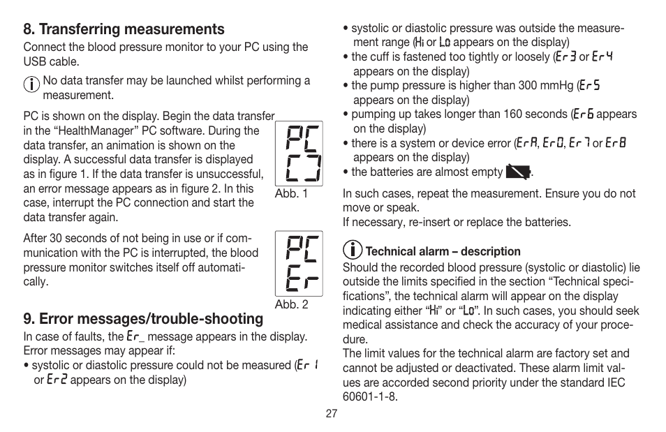 Transferring measurements, Error messages/trouble-shooting | Beurer BM 58 User Manual | Page 27 / 124