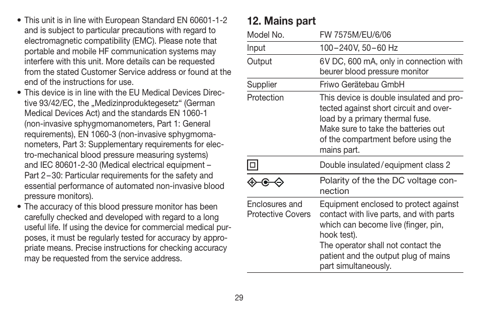 Mains part | Beurer BM 58 User Manual | Page 29 / 124
