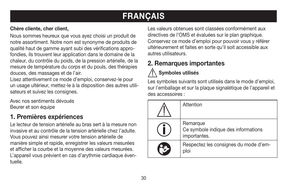 Français, Premières expériences, Remarques importantes | Beurer BM 58 User Manual | Page 30 / 124