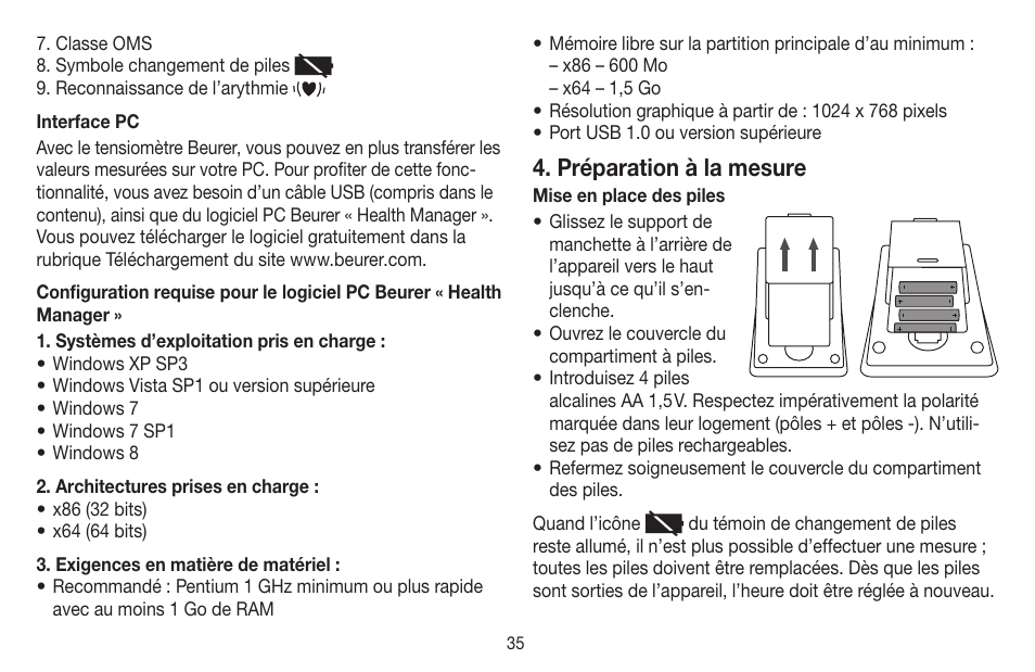 Préparation à la mesure | Beurer BM 58 User Manual | Page 35 / 124