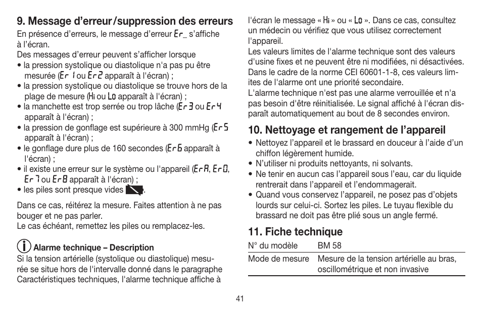 Message d’erreur / suppression des erreurs, Nettoyage et rangement de l’appareil, Fiche technique | Beurer BM 58 User Manual | Page 41 / 124