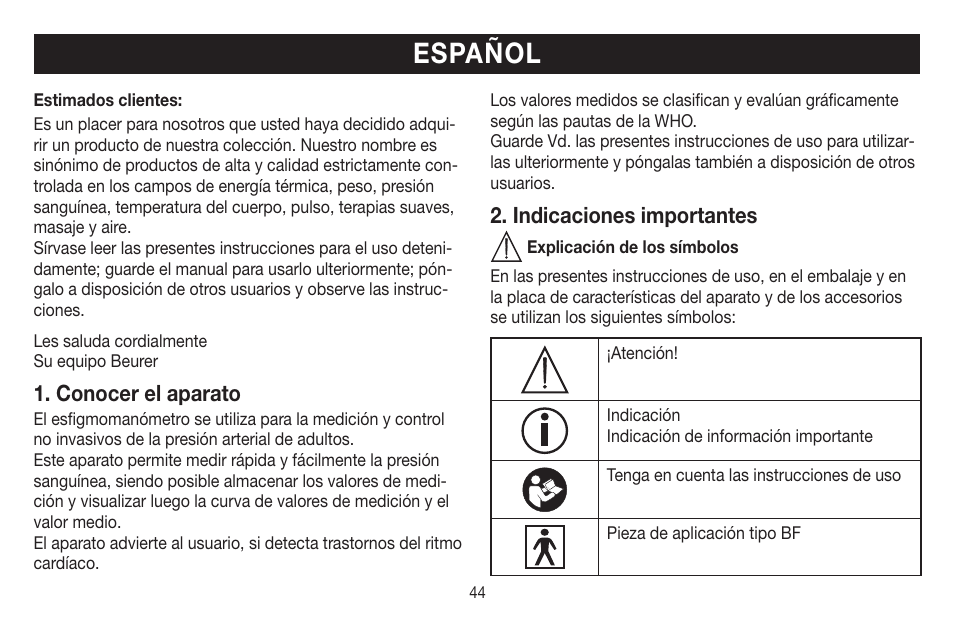 Español, Conocer el aparato, Indicaciones importantes | Beurer BM 58 User Manual | Page 44 / 124