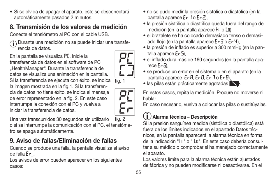 Transmisión de los valores de medición, Aviso de fallas/eliminación de fallas | Beurer BM 58 User Manual | Page 55 / 124