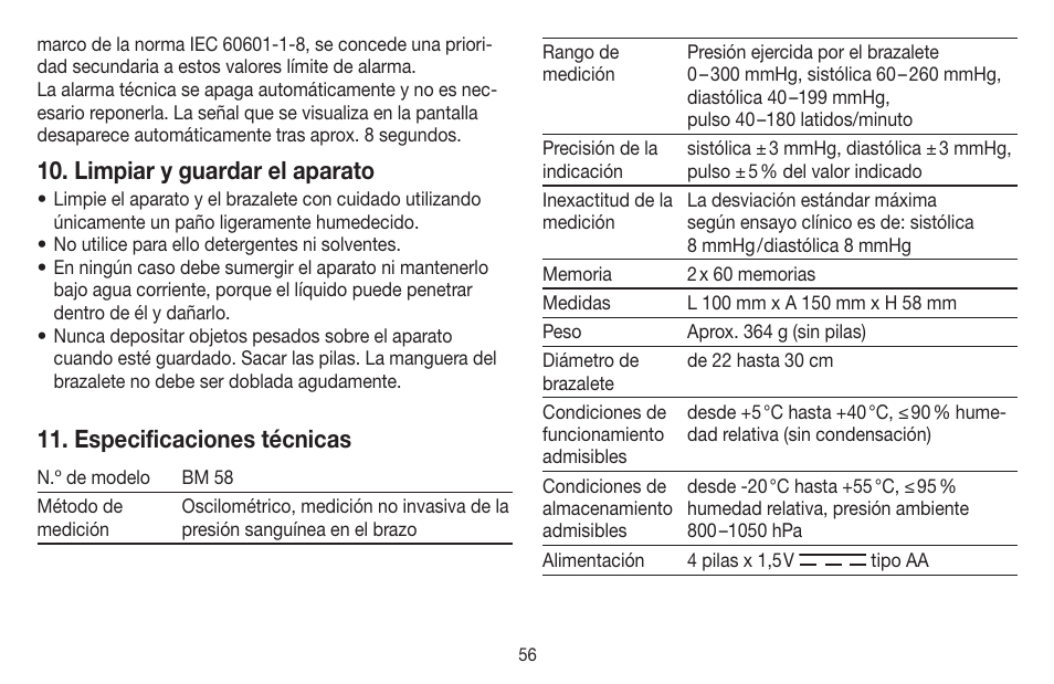 Limpiar y guardar el aparato, Especificaciones técnicas | Beurer BM 58 User Manual | Page 56 / 124