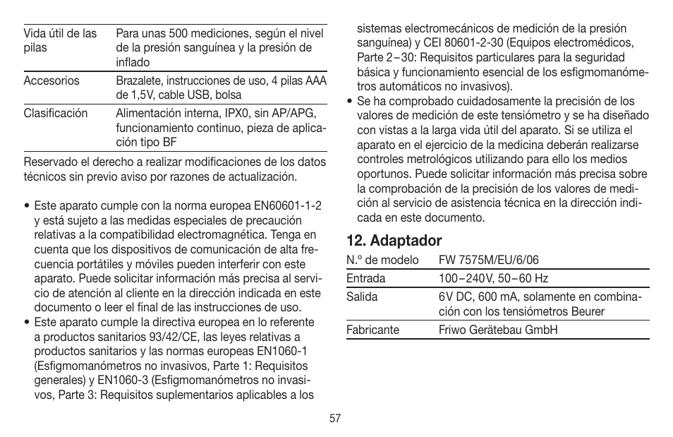 Adaptador | Beurer BM 58 User Manual | Page 57 / 124