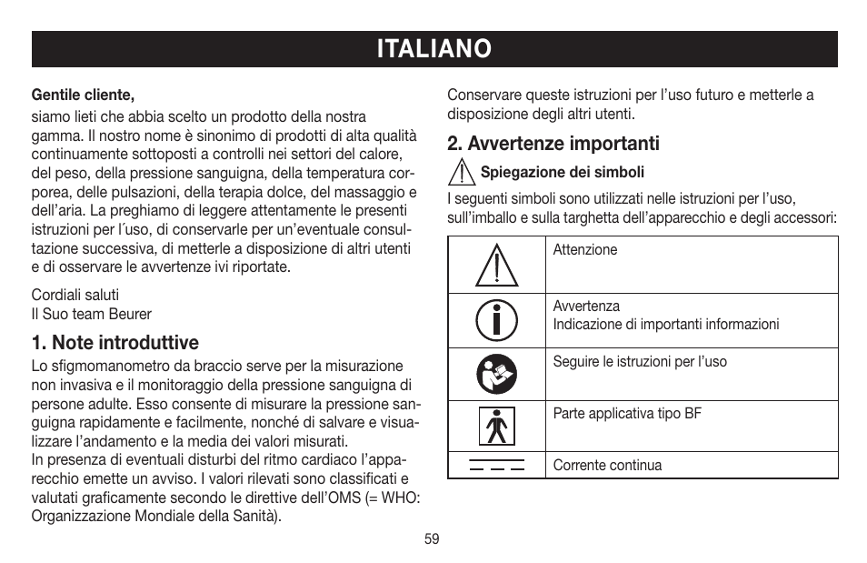 Italiano, Avvertenze importanti | Beurer BM 58 User Manual | Page 59 / 124