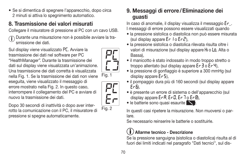 Trasmissione dei valori misurati, Messaggi di errore / eliminazione dei guasti | Beurer BM 58 User Manual | Page 70 / 124