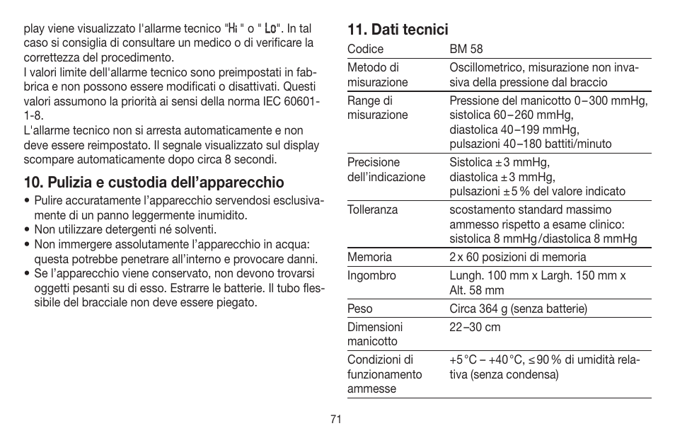 Pulizia e custodia dell’apparecchio, Dati tecnici | Beurer BM 58 User Manual | Page 71 / 124