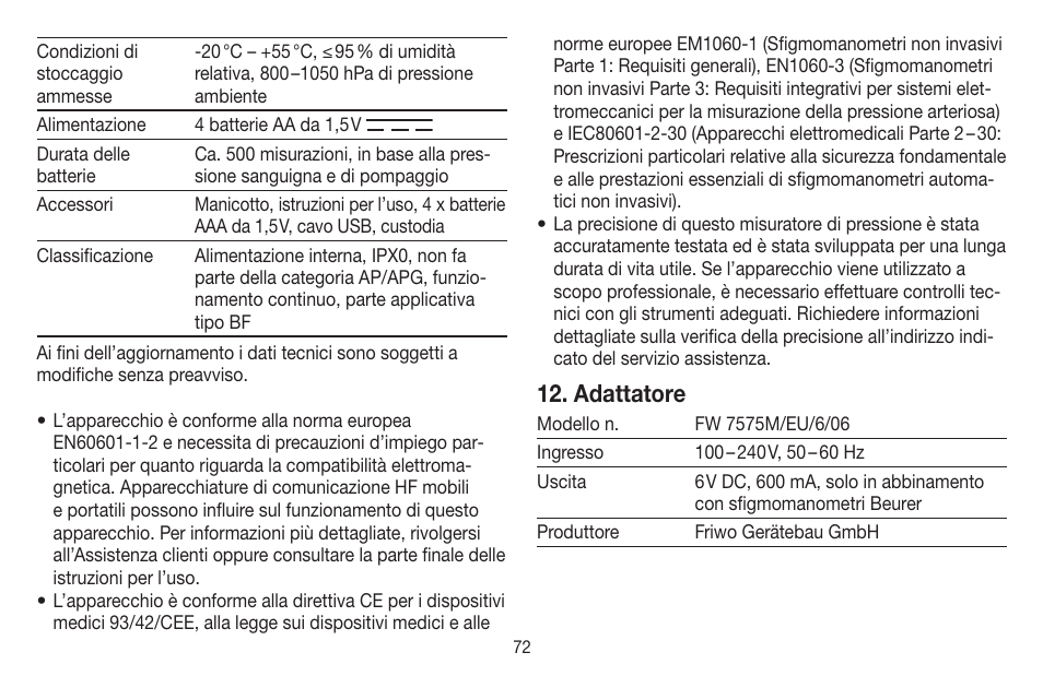 Adattatore | Beurer BM 58 User Manual | Page 72 / 124