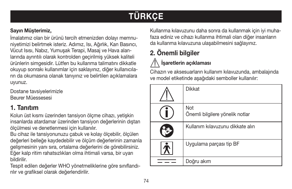 Türkçe, Tanıtım, Önemli bilgiler | Beurer BM 58 User Manual | Page 74 / 124