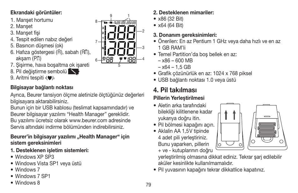 Pil takılması | Beurer BM 58 User Manual | Page 79 / 124