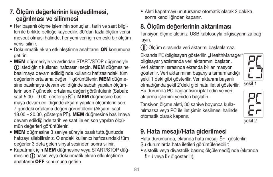 Ölçüm değerlerinin aktarılması, Hata mesajı/hata giderilmesi | Beurer BM 58 User Manual | Page 84 / 124