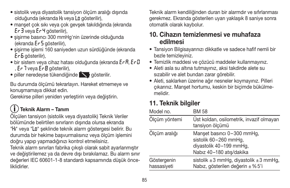 Cihazın temizlenmesi ve muhafaza edilmesi, Teknik bilgiler | Beurer BM 58 User Manual | Page 85 / 124