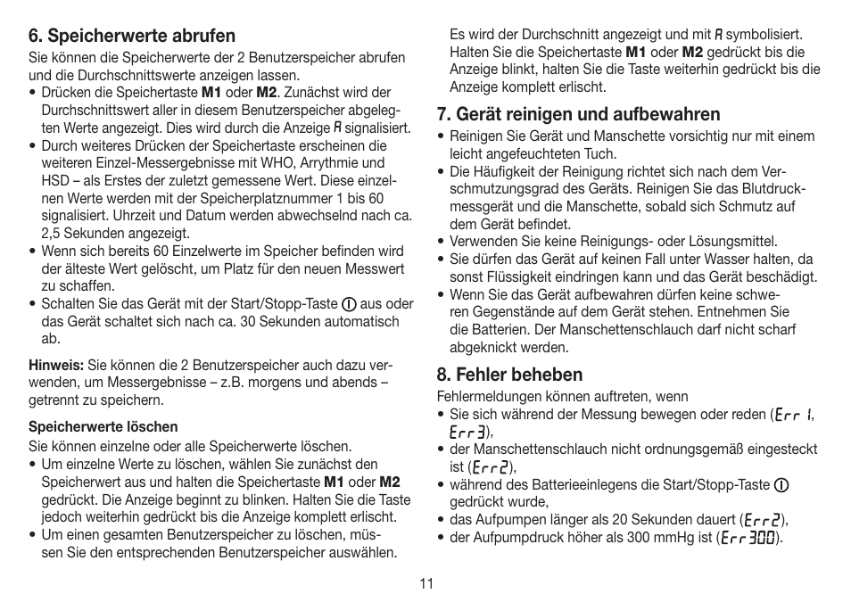 Speicherwerte abrufen, Gerät reinigen und aufbewahren, Fehler beheben | Beurer BM 60 User Manual | Page 11 / 100