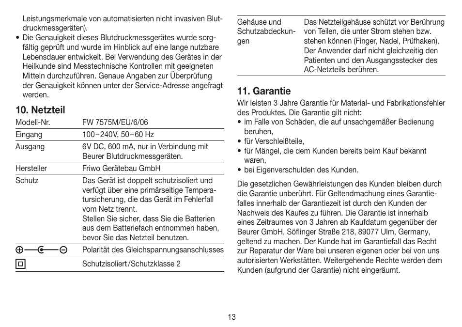 Netzteil, Garantie | Beurer BM 60 User Manual | Page 13 / 100