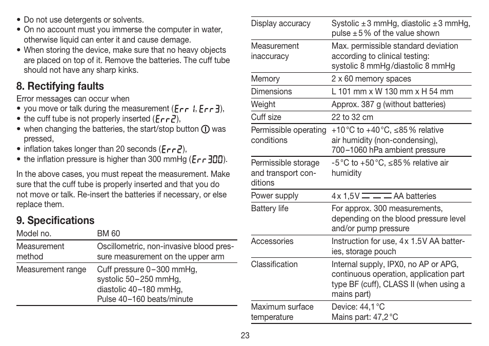 Rectifying faults, Specifications | Beurer BM 60 User Manual | Page 23 / 100