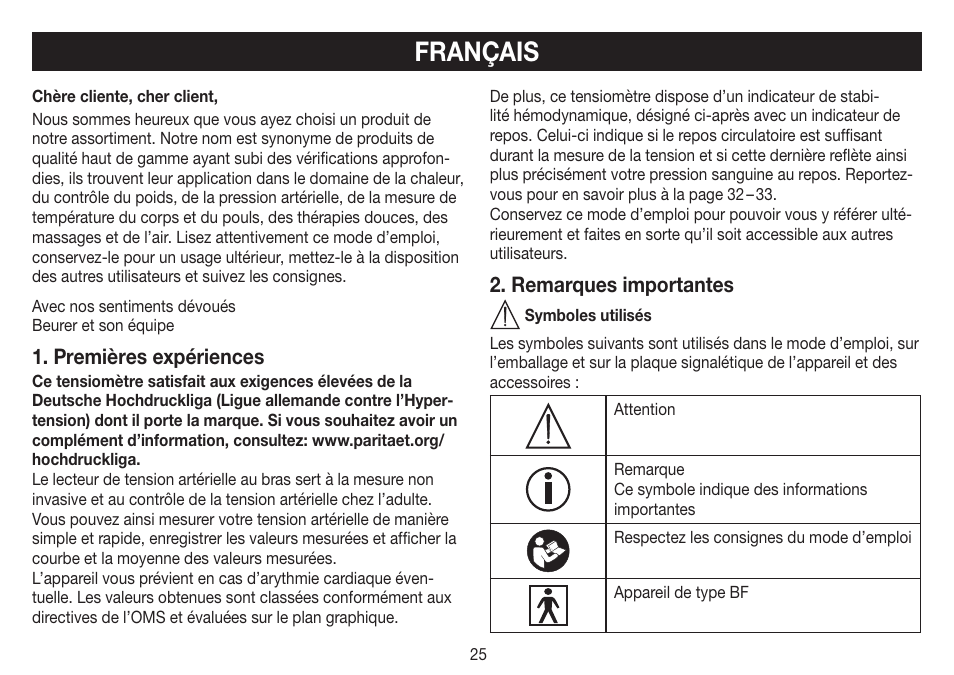 Français, Premières expériences, Remarques importantes | Beurer BM 60 User Manual | Page 25 / 100