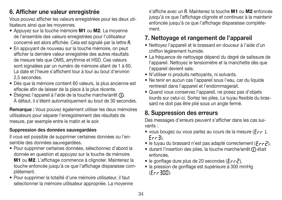 Afficher une valeur enregistrée, Nettoyage et rangement de l’appareil, Suppression des erreurs | Beurer BM 60 User Manual | Page 34 / 100