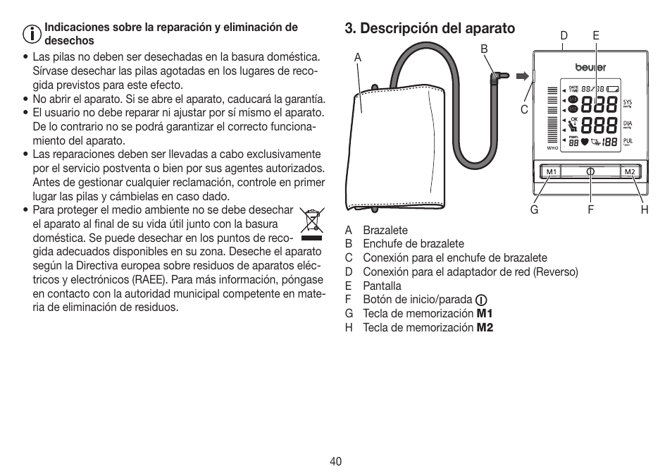 Descripción del aparato | Beurer BM 60 User Manual | Page 40 / 100