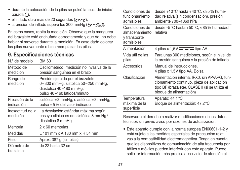 Especificaciones técnicas | Beurer BM 60 User Manual | Page 47 / 100