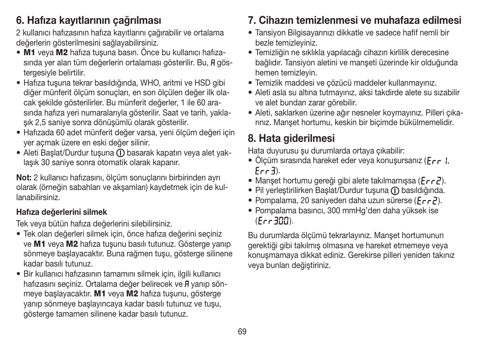 Hafıza kayıtlarının çağrılması, Cihazın temizlenmesi ve muhafaza edilmesi, Hata giderilmesi | Beurer BM 60 User Manual | Page 69 / 100