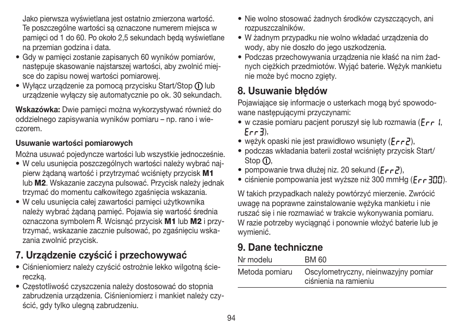 Urządzenie czyścić i przechowywać, Usuwanie błędów, Dane techniczne | Beurer BM 60 User Manual | Page 94 / 100