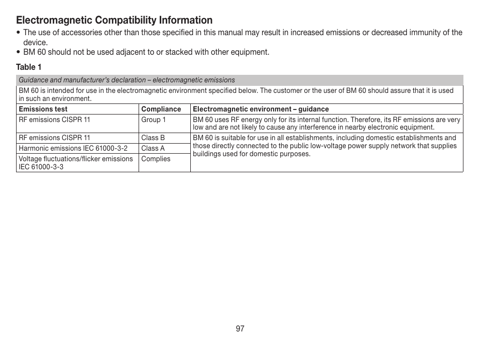 Electromagnetic compatibility information | Beurer BM 60 User Manual | Page 97 / 100