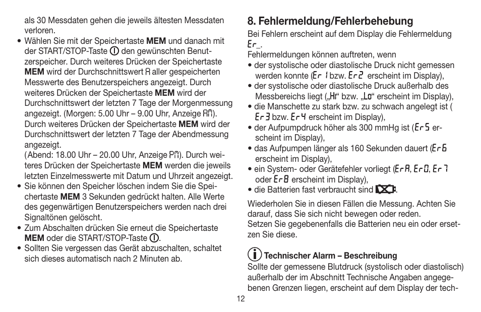 Fehlermeldung/fehlerbehebung | Beurer BM 65 User Manual | Page 12 / 116