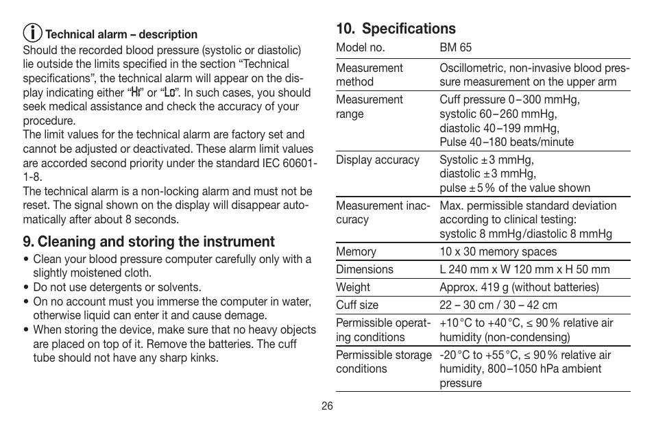 Cleaning and storing the instrument, Specifications | Beurer BM 65 User Manual | Page 26 / 116