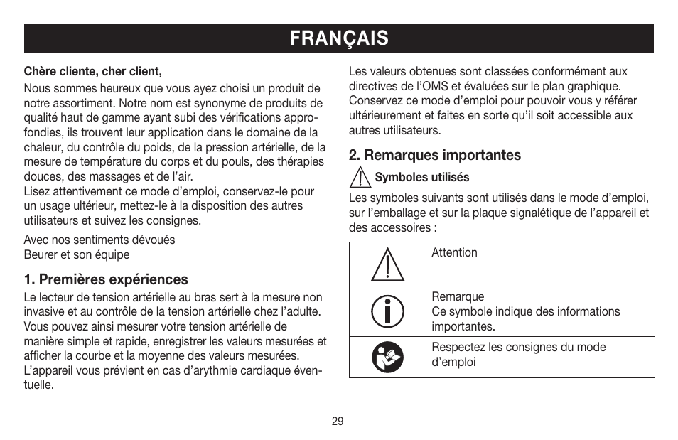 Français | Beurer BM 65 User Manual | Page 29 / 116