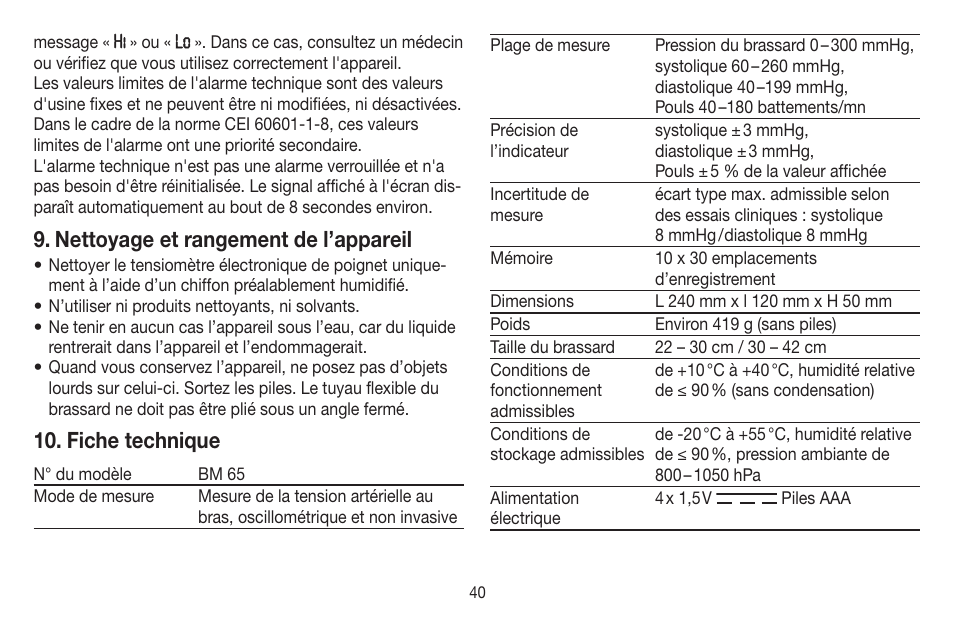 Nettoyage et rangement de l’appareil, Fiche technique | Beurer BM 65 User Manual | Page 40 / 116