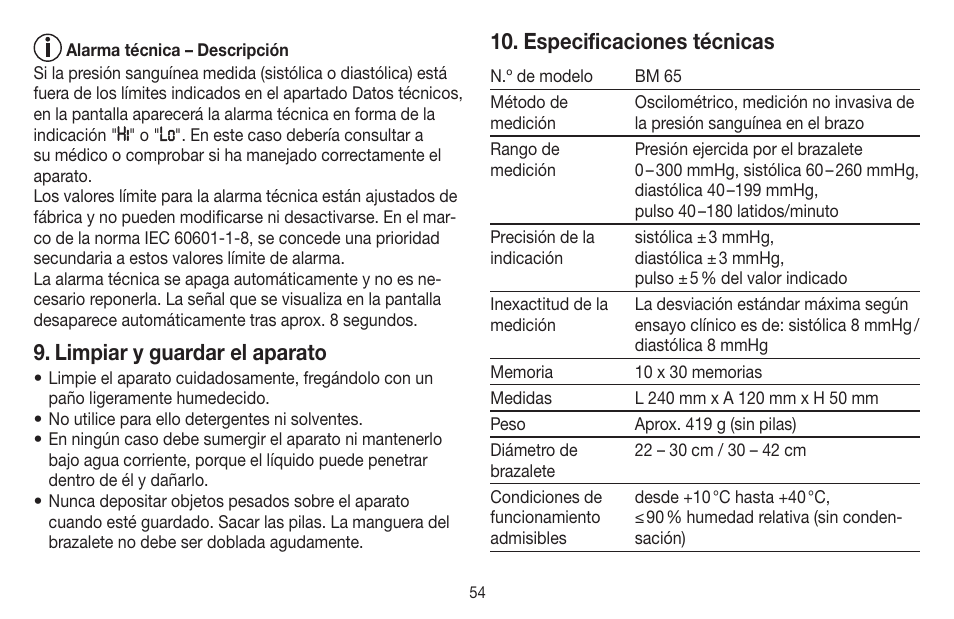 Limpiar y guardar el aparato, Especificaciones técnicas | Beurer BM 65 User Manual | Page 54 / 116