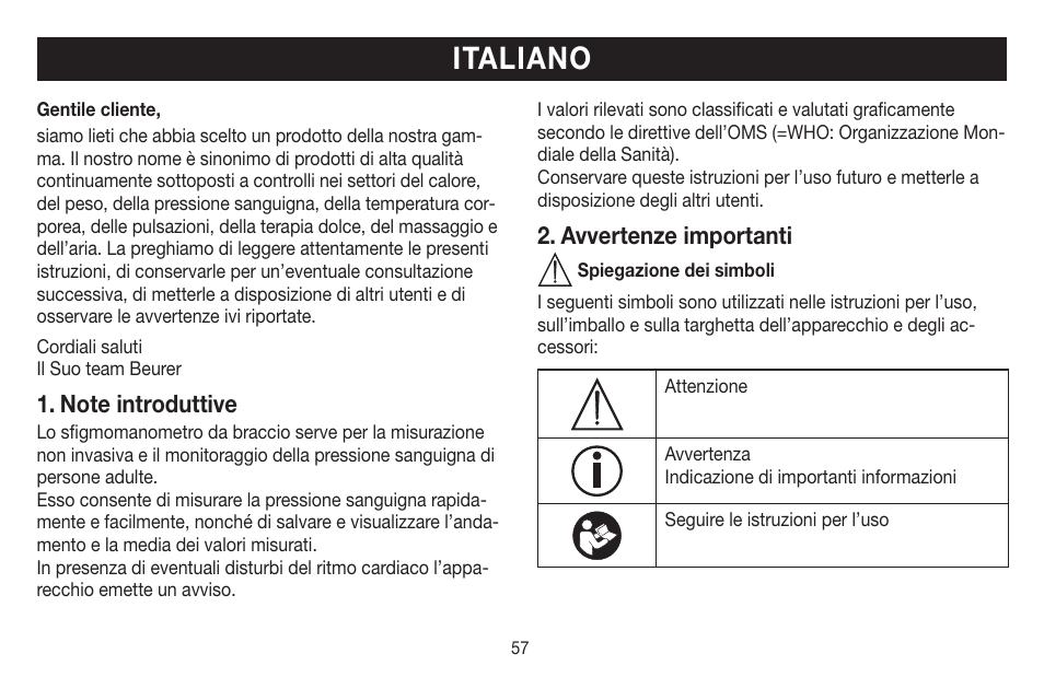 Italiano, Avvertenze importanti | Beurer BM 65 User Manual | Page 57 / 116