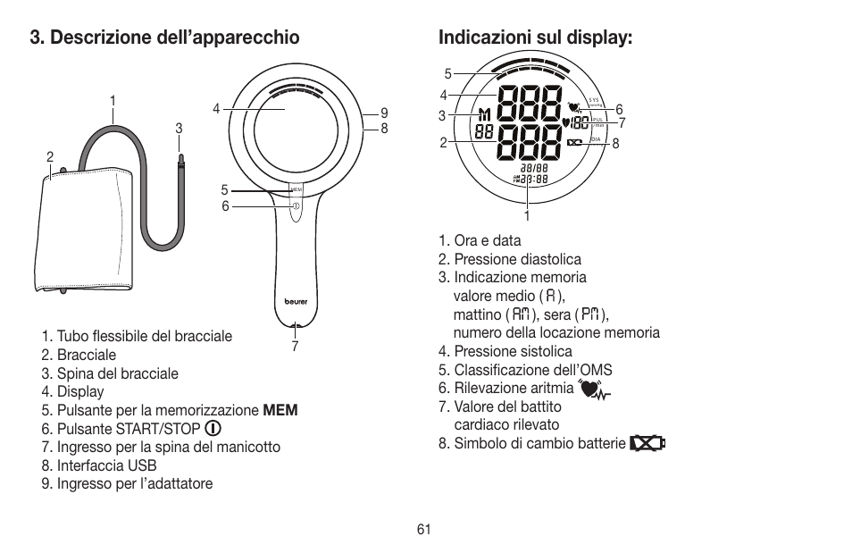 Descrizione dell’apparecchio, Indicazioni sul display | Beurer BM 65 User Manual | Page 61 / 116