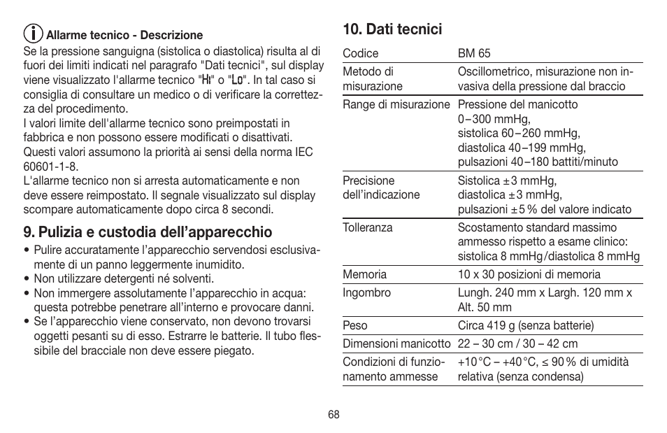 Pulizia e custodia dell’apparecchio, Dati tecnici | Beurer BM 65 User Manual | Page 68 / 116