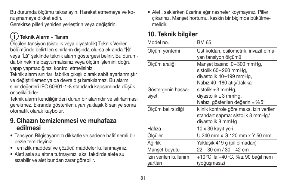 Cihazın temizlenmesi ve muhafaza edilmesi, Teknik bilgiler | Beurer BM 65 User Manual | Page 81 / 116