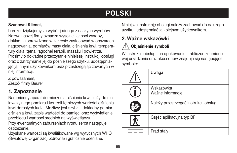 Polski, Zapoznanie | Beurer BM 65 User Manual | Page 99 / 116